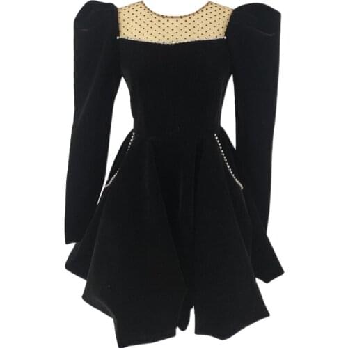 Vinatge French style velvet puff sleeve party dress women mesh stitching diamond ball gown dress