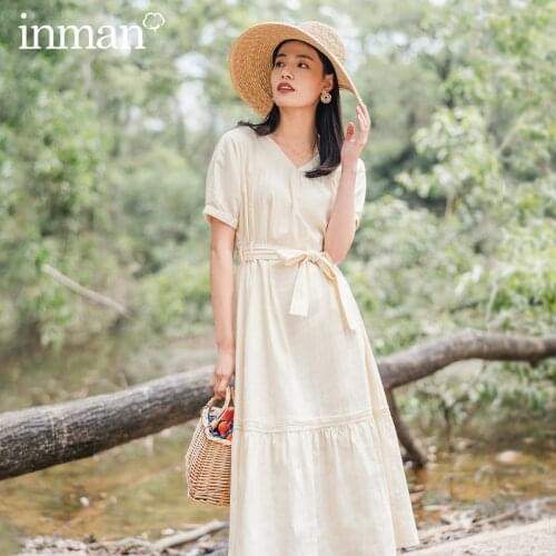 INMAN Womens Dress V-Neck Elastic Sleeve Stitching Hem Waist Tie Skin Friendly Cotton Slim Simple Dress