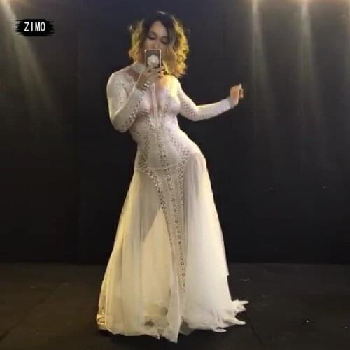 Elegant rhinestone maxi Dress long sleeve Women white Party club birthday Dance designer drag queen Costume Stage Performance