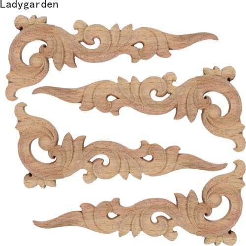 4PCS Wood Applique Onlay Decal Carving Door Vintage Statues Natural Long Wooden Sculptures Furniture Corner Window Decoration
