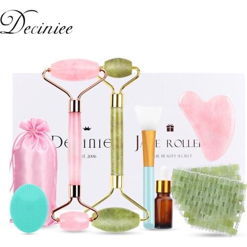 Natural Quartz Rose Jade Roller Gua sha Scraper Sets Jade Stone Facial Massage Face Brush Massager Tools for Body Back Neck Gift