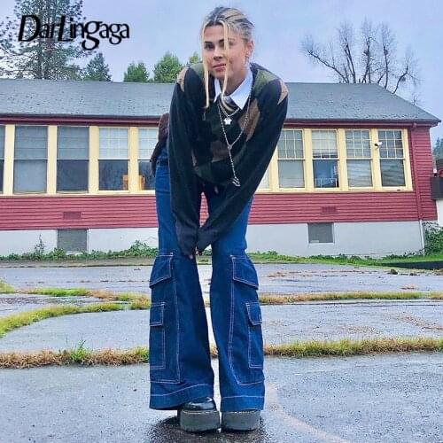 Darlingaga Streetwear Big Pockets Loose Flare Pants High Waist Jeans Casual Solid Cargo Trousers Harajuku Baggy Jeans Denim 2021