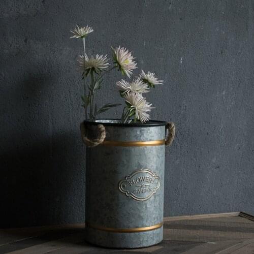 Cylinder hemp rope handles handcrafted vintage retro galvanized bucket flower display