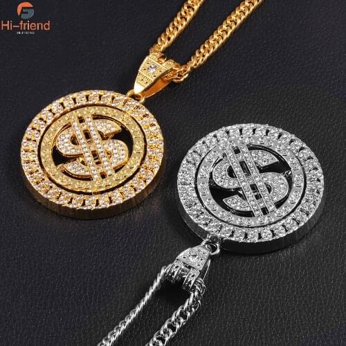 Rotatable US Dollar Money Sign Pendant Necklace Men Street Rap Hip Hop Punk Long Necklace Women Statement Necklace Jewelry