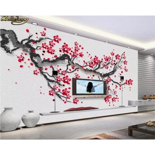 Beibehang Custom photo wallpaper mural beautiful hand-painted plum red plum new Chinese TV background wall papers home decor