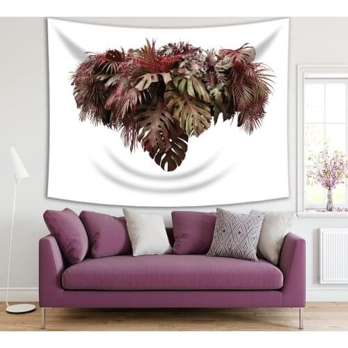 Tapestry Tropical Leaves Foliage Plant Jungle Bush Floral Arrangement Nature Theme Artwork Brown Green White