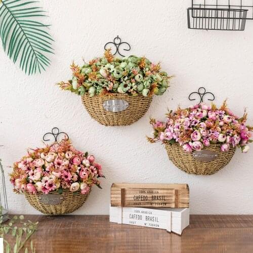 Idyllic Straw Wicker Wall Hanging Flower Decorative Basket Ornaments Living Room Wall Fake Flower Pendant Flower Arrangement