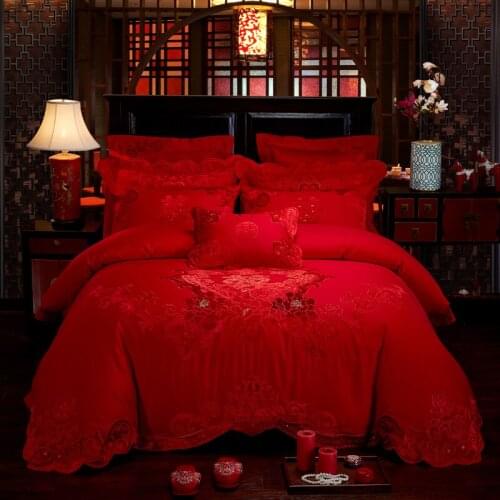 New 100% Cotton Gold Embroidery Luxury wedding 4/6/9pcs Bedding set King Queen size Bed set Duvet cover Bedsheet Pillowcases