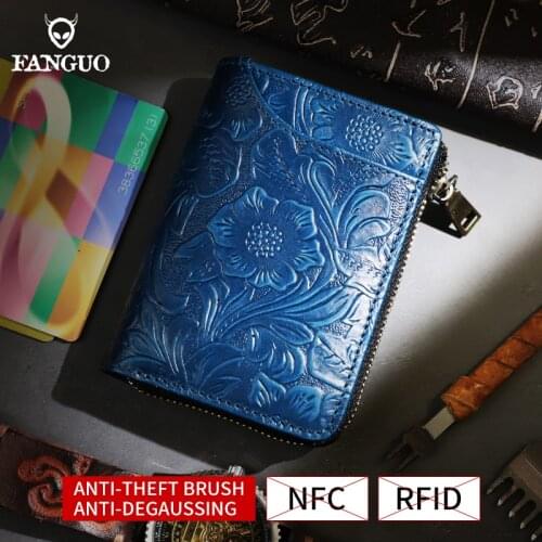 9 Card Slots Wallet Anti-RFID Business Cards ID Card Holder Pouch Handmade Genuine Leather Coin Purse With Zipper For Women, Men