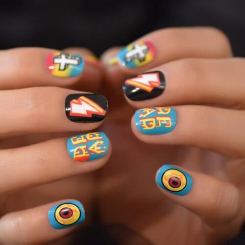 Colorful Fake Nail tips Nail Art Foil Stickers Decoration Short Round False Nail With Cartoons Pattern