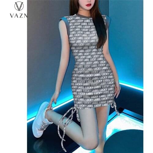 VAZN 2021 Hot Lucky Label Drawstring Dress Sexy Young Overalls Retro Young Mini Dress High Waist Women For Evening Robe