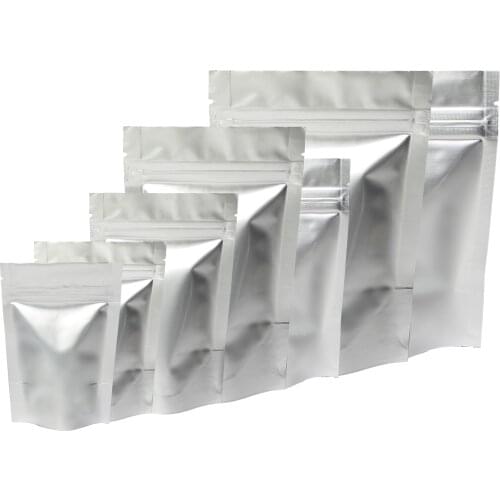 Various Sizes 4.5MIL Reclosable Stand Up Packaging Pouches Heavy-Duty Silver Aluminum Foil Zip Lock Food Storage Bag 100pcs