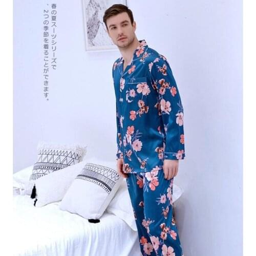 Mens Printing Plus Size Ice Silk Sleepwear Europe and America Shirt Style Nightgown Long Sleeves Set Leisure Home Clothes J013