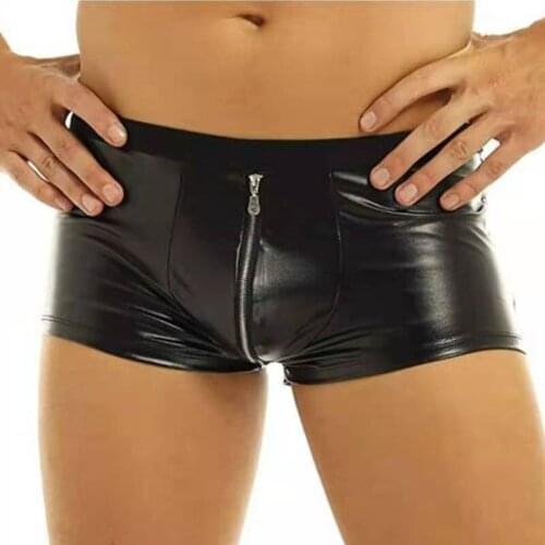 Mens Sexy Lingerie PVC Shiny Zipper Open Faux Leather Underwear Jockstraps Bulge Pouch Gay Sexy Clubwear Boxer Shorts Underpants