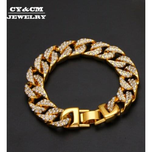 13mm Mens Luxury Rhinestone Bracelet Bangles Alloy Heavy Miami Cuban Link Chain Bracelets Hip Hop Punk Jewelry for Men Women 8"