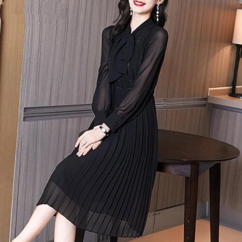 2021 Women Early Spring New Bow Long-sleeved Dress Female Long Chiffon Dresses Ladies Solid Color Loose Pleated Vestidos T462