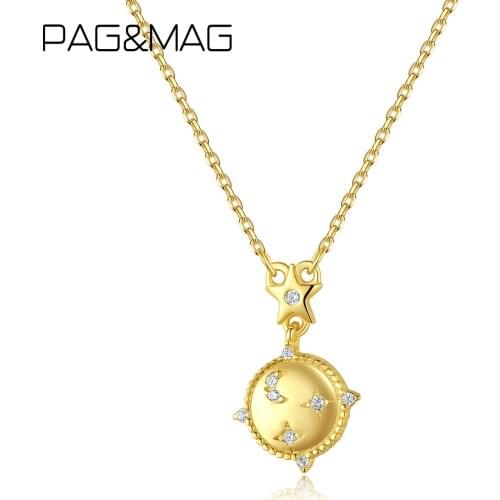 PAG&MAG Clear Zircon Moon Star Pendant & Necklace For Women 14k Gold Color Sterling Silver Necklace Fine Jewelry