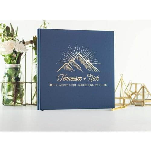 Personalized Mountain Wedding Guest Book Gold Foil wedding guestbook navy hardcover planner book guest sign in instant photobook