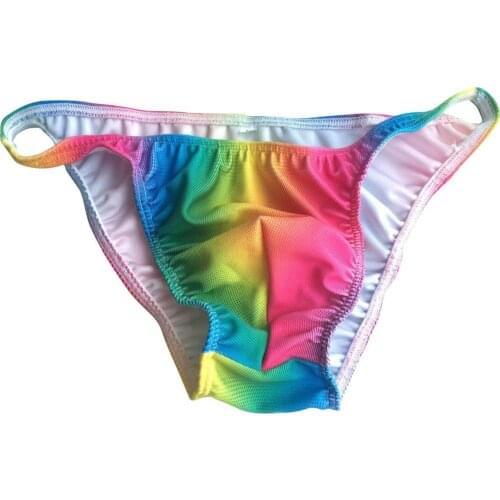 Sexy underwear Mens fashion Rainbow print breathable Low-waisted U convex Briefs Male soft elasticity lacing Men underpants