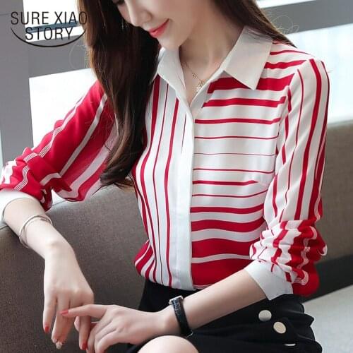 Striped Shirt Women 2019 Autumn New Korean Women Long Sleeve Shirts Turn-down Collar Chiffon Blouses Femal Slim Shirts 6108 50