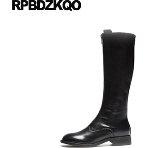 Front Zipper Round Toe Black Ladies Luxury Brand Shoes Women Chunky Genuine Leather Equestrian Riding Knee High Block 9 Boots