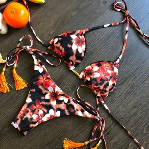 Sexy Women Floral Summer Swimwear Bikini Set Bra Tie Side G-string Thong Swimsuit Beach Bathing Suit Swimming Suit #T2G