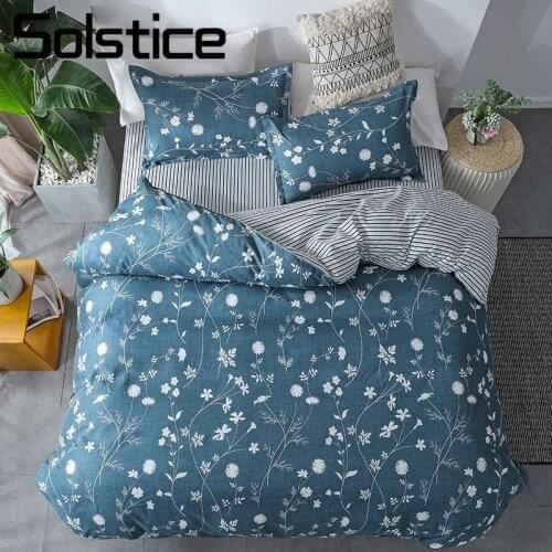Solstice Home Textile Comforter/Duvet Cover Pillow Shams Case Flat Bed Sheet Dark Blue Flower Stripe Bedding Linens Set For Girl