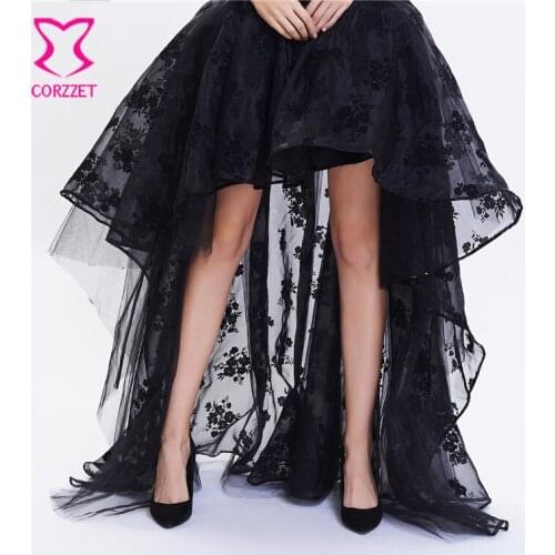 Black Asymmetrical Floral Chiffon Long Midi Sexy Skirts Women Plus Size Gothic Skirt Steampunk Clothing Vintage Victorian Skirt