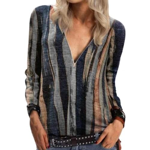 V Neck Lady Blouse Tie-Dye Top Striped Print Long Sleeve T-Shirt for Office