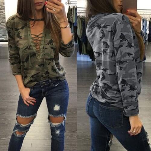 Women SweatshirtHoody Ladies Hot style camouflage deep v low-cut t bind long-sleeved T-shirt fashion Womens Clothing