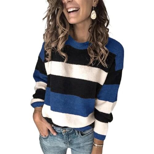 Women Fall Casual Long Sleeve Pullover O Neck Color Block Loose Knitted Sweater