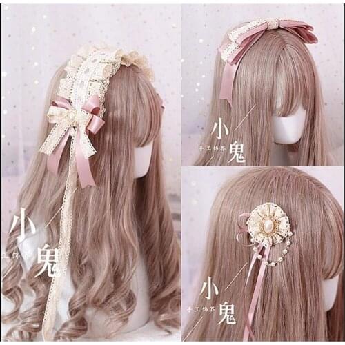 Gothic Lolita Lace Trim KC hair pin Pearls Bow Handwork Hair Accessories Headwear Womens Headdress B448