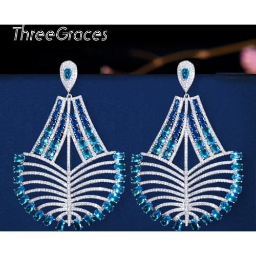 ThreeGraces Shiny Bohemia Hollow Out Blue Cubic Zirconia Big Long Dangling Drop Statement Earrings for Women Party Gift ER366