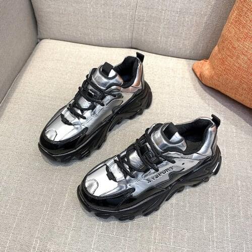 Plus Size35-43 Silver Chunky Platform Sneakers Women Shoes Autumn Lace-up Rubber Casual Wedges Vulcanized Shoe Sports Fashion PU