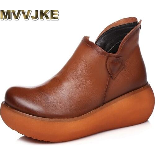 MVVJKE New Autumn Womens Genuine Leather Platform Shoes Wedges Lady High Heel Shoes Woman Pumps Handmade Mother ShoesE143