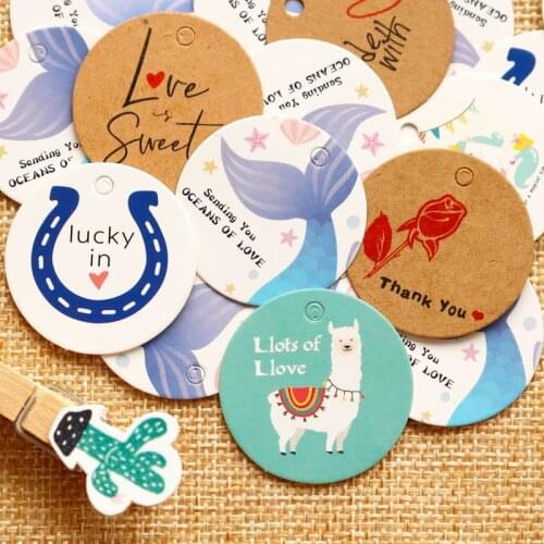 100pcs Paper Gift Tags Mermaid Party Alpaca Llama Horseshoe Thank You Kraft Hang Tags Wedding Paper Cards Handmade Paper Labels