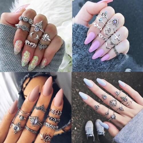13pcs / set Ladies Fashion Ring Set Alloy Diamond Plating Anti-friction Geometric Ethnic Gemstone Wedding Jewelry Holiday Gift