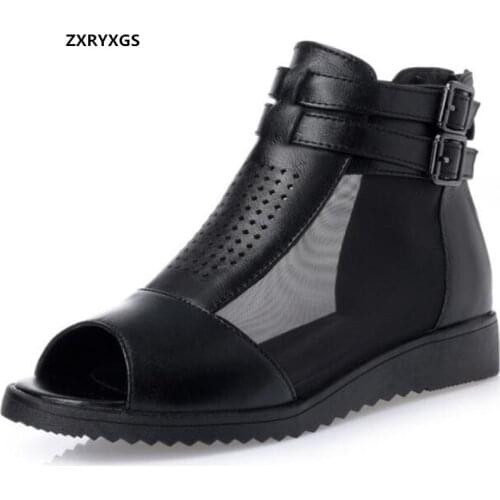 2021 New Fish Mouth Top Cowhide Mesh Summer Boots Black Leather Sandals Fashion Elegant Women Sandal Shoes Non-slip Flat Sandals