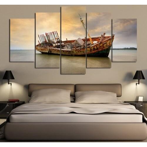 Canvas Art HD Printed Wall Art 5 Panel Fishing Boat By Sunset Sea Beach Pictures For Living Room Vintage Poster Decor Unframed