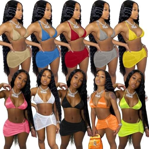 Adogirl Neon Women 3 Piece Set Sexy Beach Swimsuit Bra Crop Top Mini Pleated Skirts Panties Suit Swim Summer Sport Bikinis Set