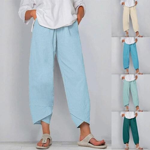 Women Casual Harem Pants Solid Color Cotton Linen Wide Leg Trousers Summer Elastic Waist Loose Comfortable Trousers