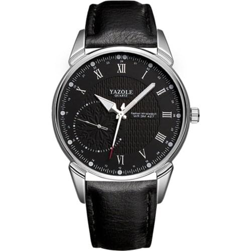 YAZOLE427 Mens Casual Quartz Watch Personalized Black Leather Strap Black Roman Numeral Dial Watch Durable Buckle Birthday Gift