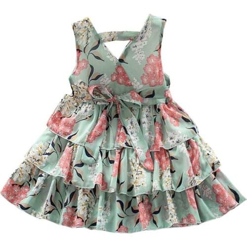 Kids Girls Floral Print Dress 2020 New Arrival Summer Cake Casual Dress Princess Sleeveless Dress Green Children Cloth For 2-6Y