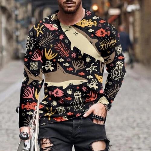 Spot 2021 new mens and womens T-shirt Ocean World Shark 3D printing round neck long sleeve street trend