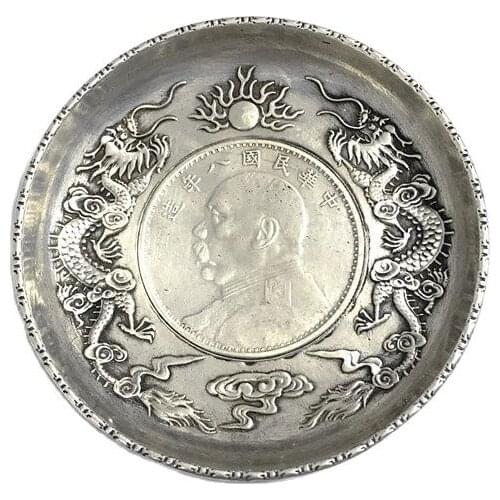 CHINEA FOLK old Carved Tibetan silver plate Shuanglongxizhu disc silver plate