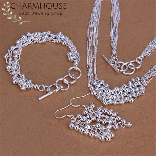 Charmhouse Silver 925 Jewelry Sets For Women 6 Lines Beads Necklace Bracelet Earrings 3pcs Set Fashion Jewelry Accessories Gifts