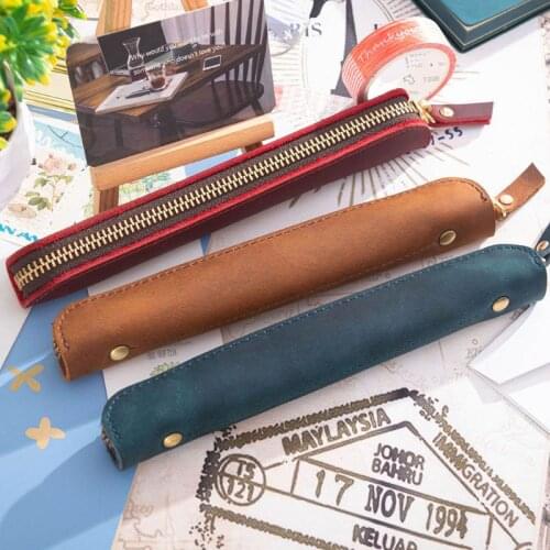 Ndmade Leather Pencil Bag Vintage Retro Zipper Fountain Pen Brush Pouch Case School Office Stationery Gift