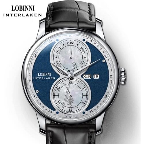 LOBINNI Multifunction Calendar Mens Watches Seagull Movement Men Mechanical Automatic Watches Sapphire Glass Waterproof Watch