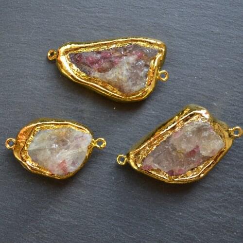 Nature pink stone Irregular connector with gold electroplated edges for jewelry making