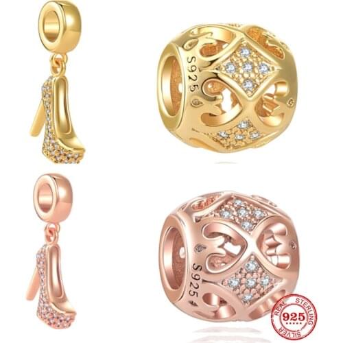 New S925 Diamond Rose Gold High Heel Pendant Charm Fine Bead Fit Pandora Original Bracelet Charms Beads For Women DIY Jewelry